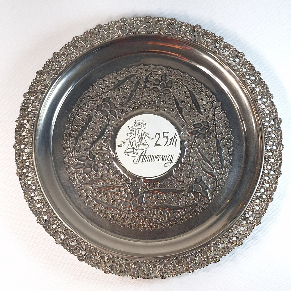 Vintage Silver Tone Metal Hanging Decorative Plate 25th Anniversary